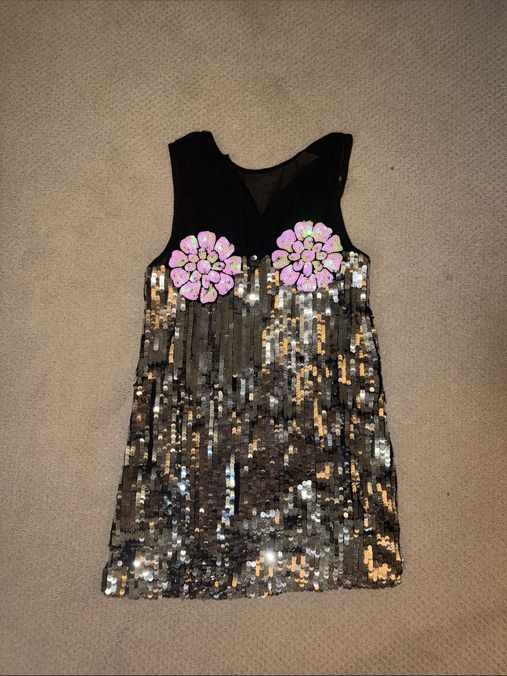 Nasty Gal Black Sequin Mini Dress with Pink Floral Appliqués